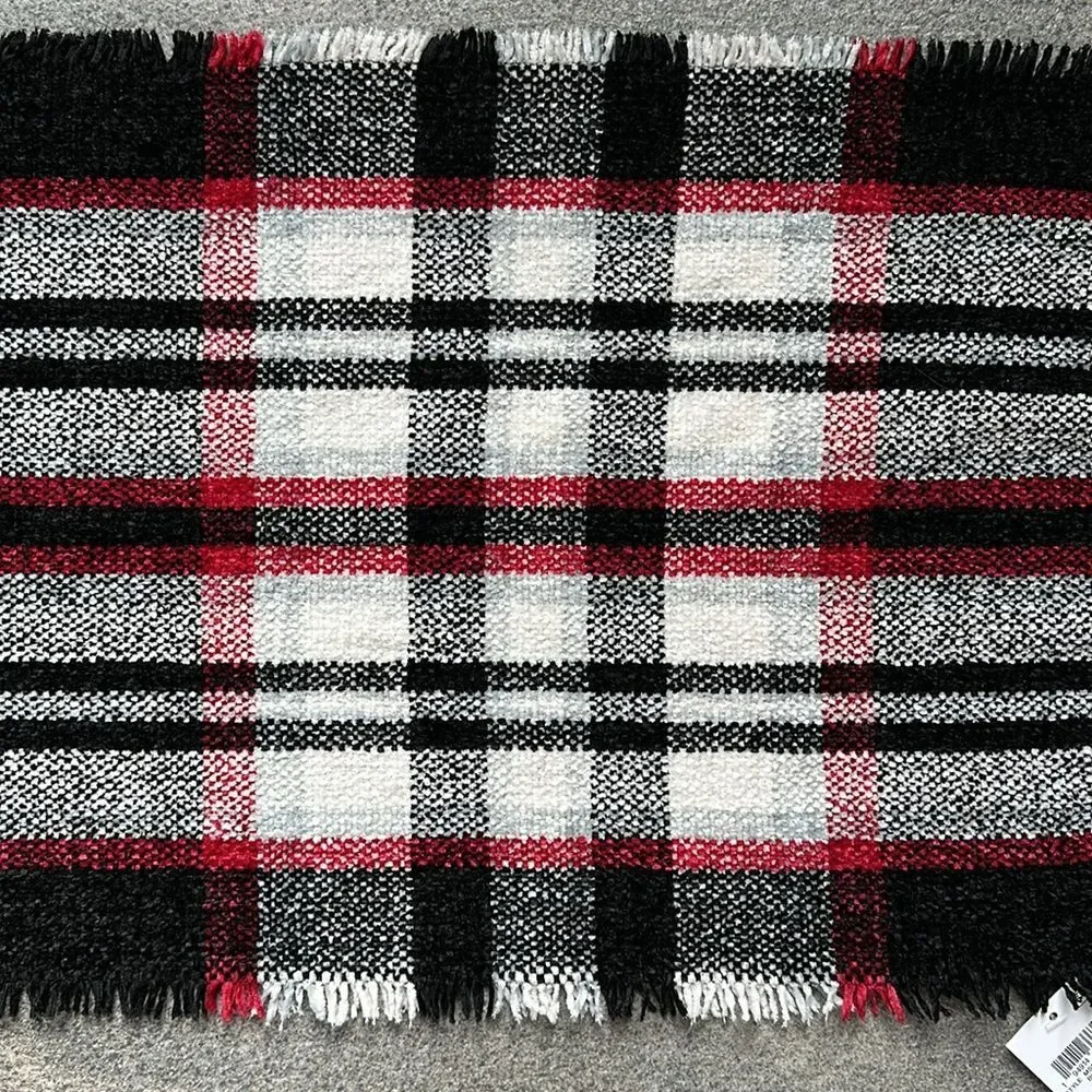NWT Macy's x Style & Co Ultra-soft Fringe Scarf Black Red White Plaid Stripes